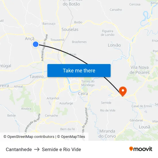 Cantanhede to Semide e Rio Vide map