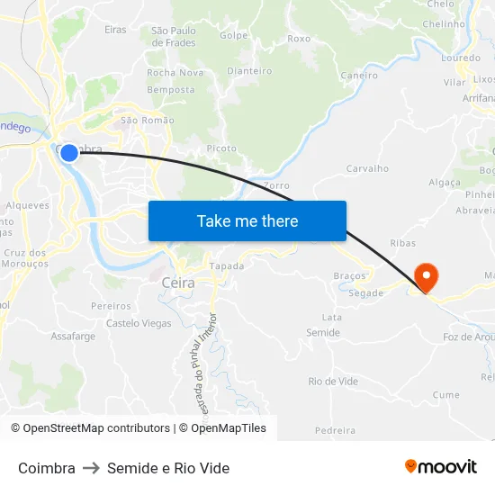 Coimbra to Semide e Rio Vide map