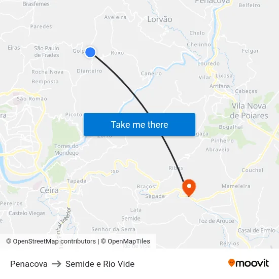 Penacova to Semide e Rio Vide map