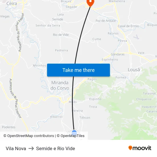 Vila Nova to Semide e Rio Vide map