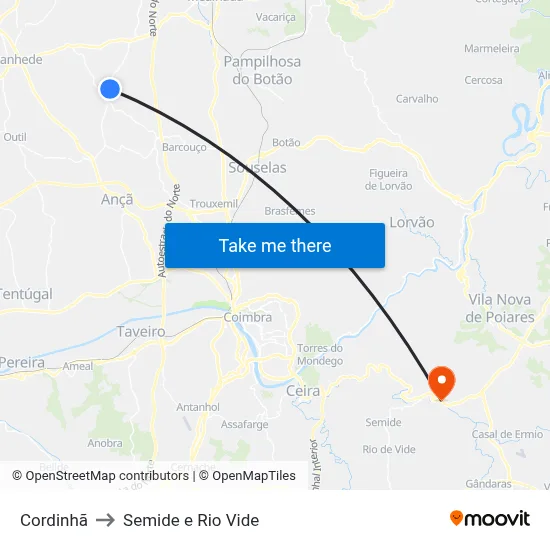 Cordinhã to Semide e Rio Vide map