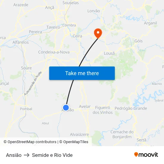 Ansião to Semide e Rio Vide map