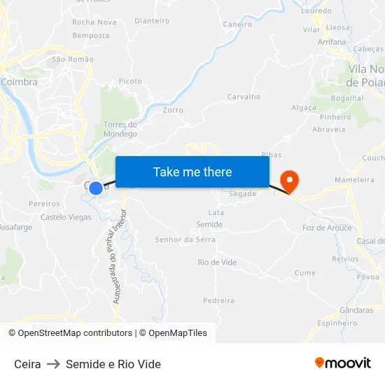 Ceira to Semide e Rio Vide map