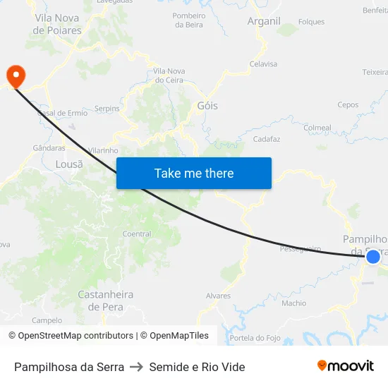 Pampilhosa da Serra to Semide e Rio Vide map
