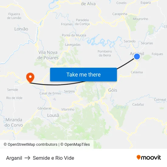 Arganil to Semide e Rio Vide map