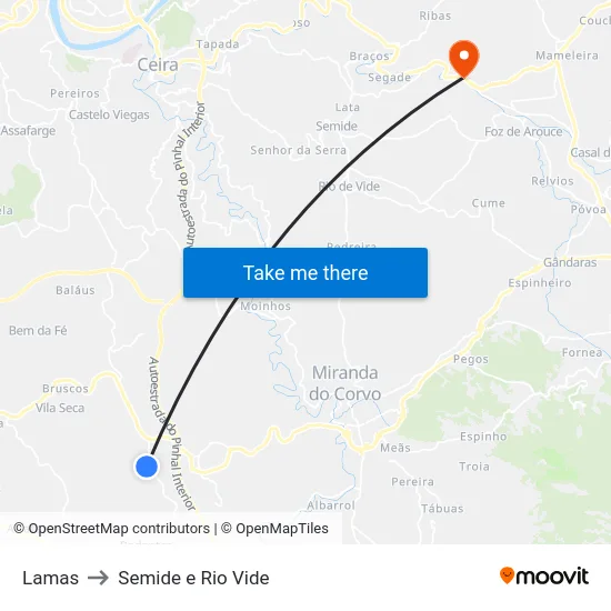 Lamas to Semide e Rio Vide map