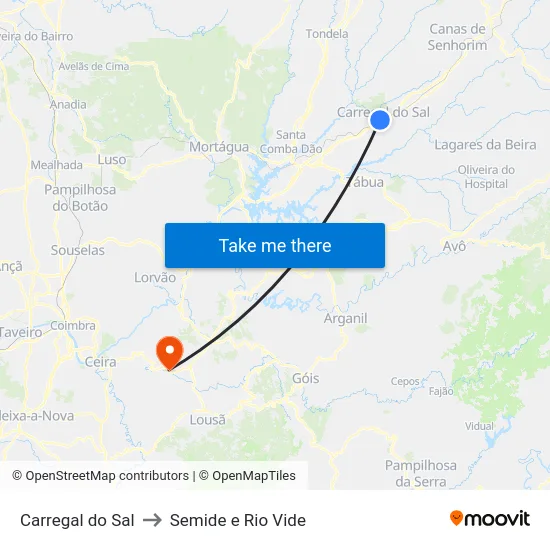 Carregal do Sal to Semide e Rio Vide map
