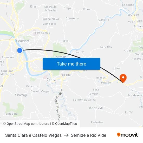 Santa Clara e Castelo Viegas to Semide e Rio Vide map
