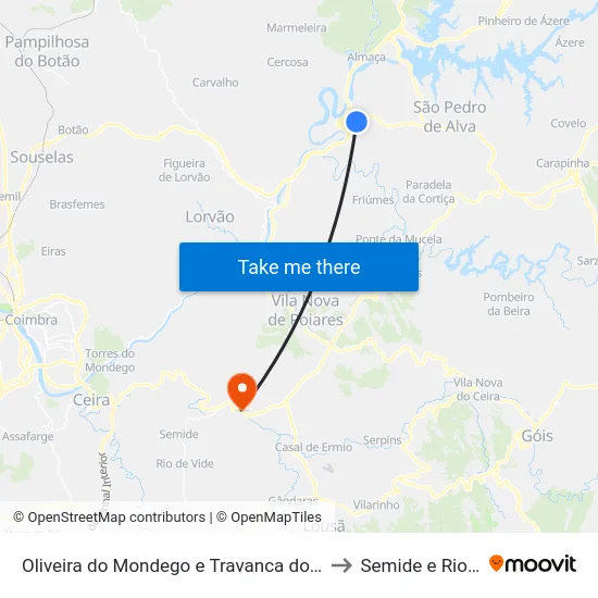 Oliveira do Mondego e Travanca do Mondego to Semide e Rio Vide map