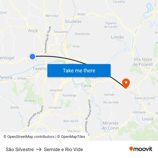 São Silvestre to Semide e Rio Vide map