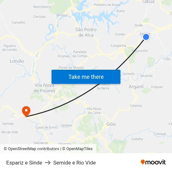 Espariz e Sinde to Semide e Rio Vide map
