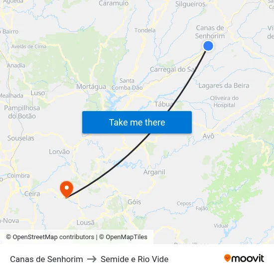 Canas de Senhorim to Semide e Rio Vide map