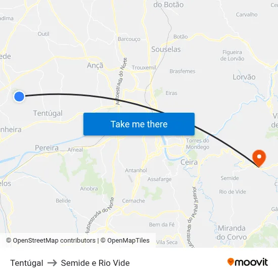 Tentúgal to Semide e Rio Vide map