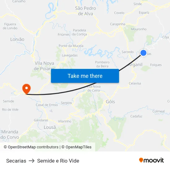 Secarias to Semide e Rio Vide map