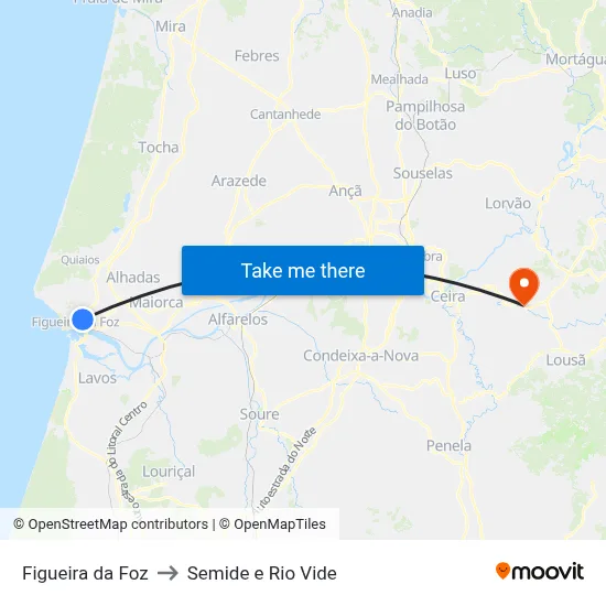 Figueira da Foz to Semide e Rio Vide map