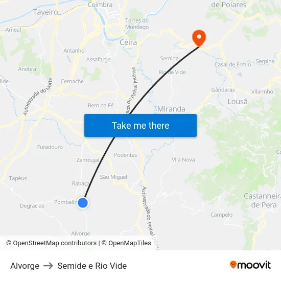 Alvorge to Semide e Rio Vide map