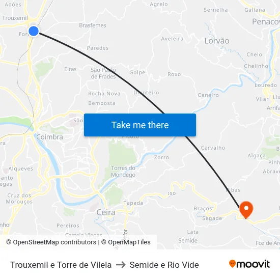 Trouxemil e Torre de Vilela to Semide e Rio Vide map