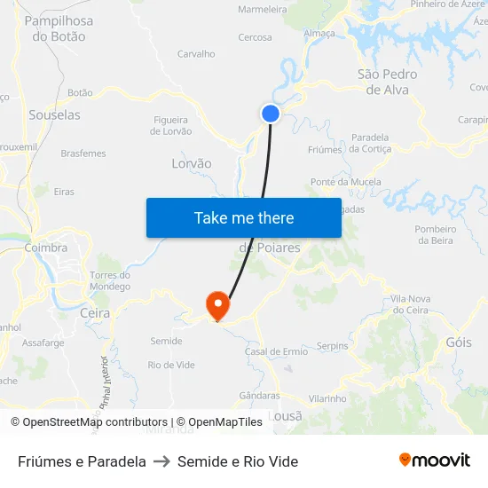 Friúmes e Paradela to Semide e Rio Vide map