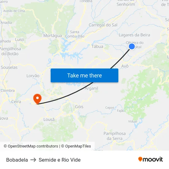 Bobadela to Semide e Rio Vide map