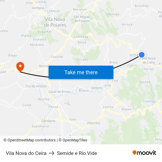 Vila Nova do Ceira to Semide e Rio Vide map