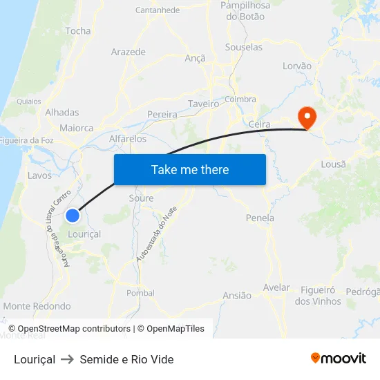Louriçal to Semide e Rio Vide map