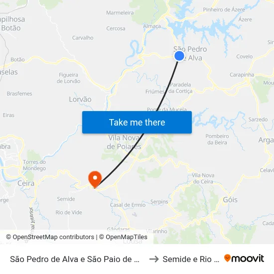 São Pedro de Alva e São Paio de Mondego to Semide e Rio Vide map