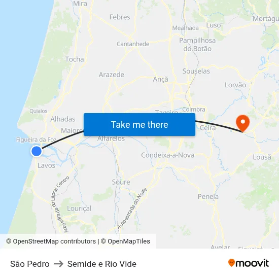 São Pedro to Semide e Rio Vide map