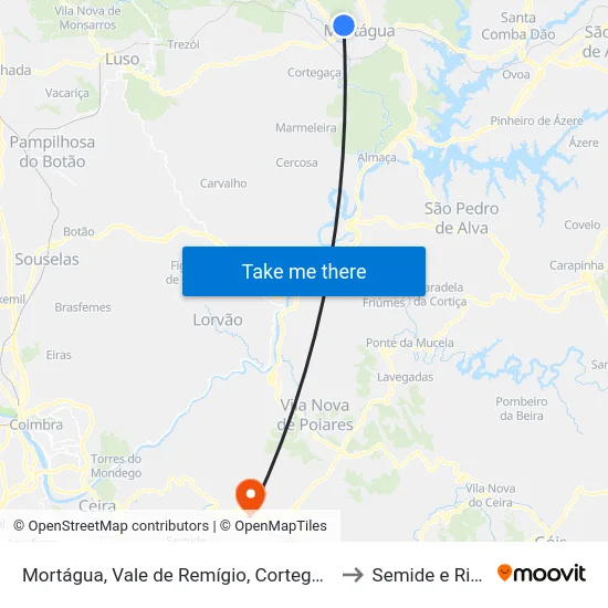 Mortágua, Vale de Remígio, Cortegaça e Almaça to Semide e Rio Vide map