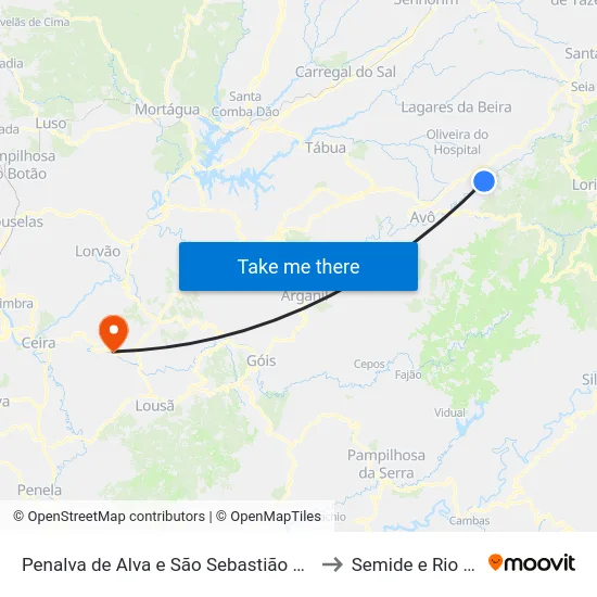Penalva de Alva e São Sebastião da Feira to Semide e Rio Vide map