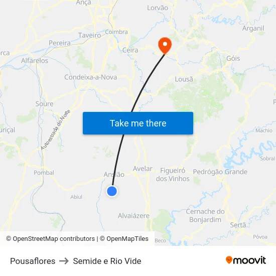 Pousaflores to Semide e Rio Vide map