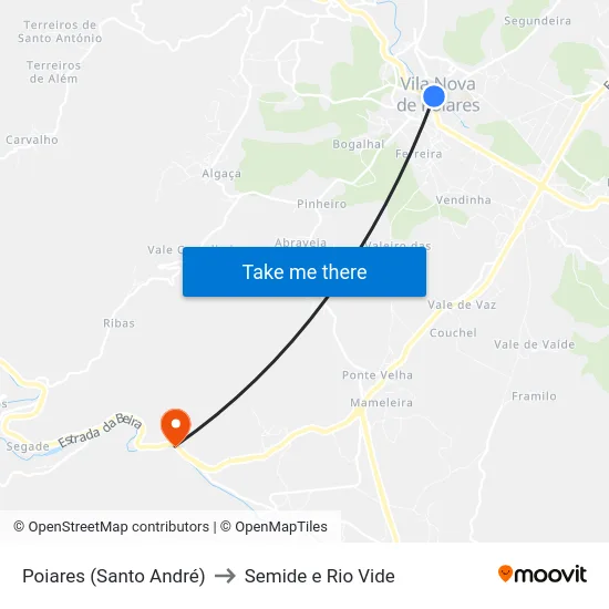 Poiares (Santo André) to Semide e Rio Vide map