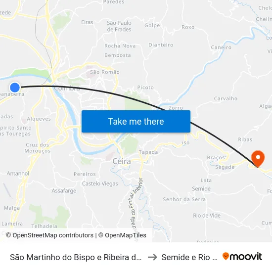 São Martinho do Bispo e Ribeira de Frades to Semide e Rio Vide map