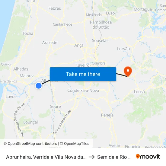 Abrunheira, Verride e Vila Nova da Barca to Semide e Rio Vide map