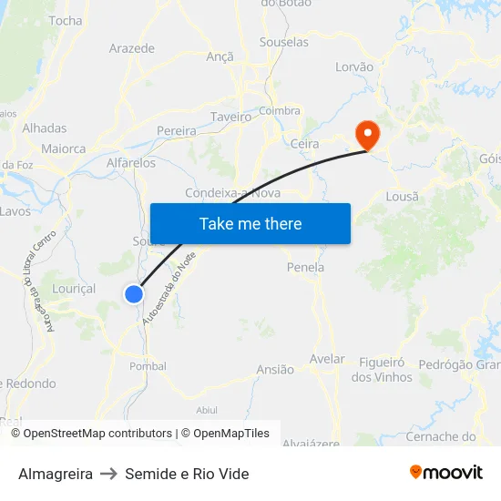 Almagreira to Semide e Rio Vide map