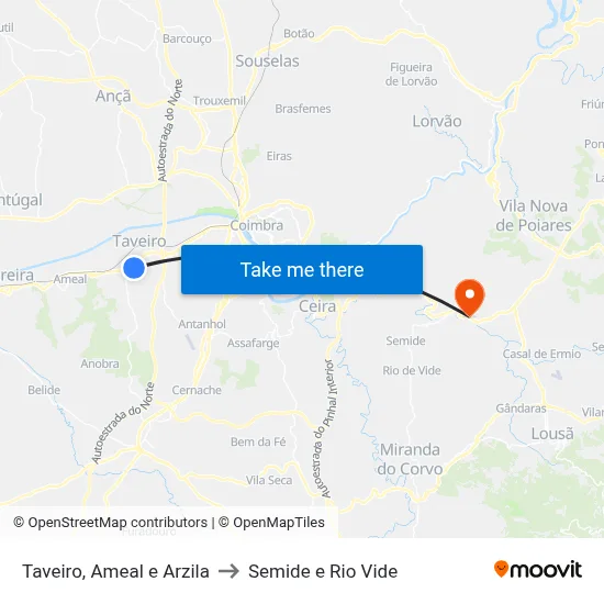 Taveiro, Ameal e Arzila to Semide e Rio Vide map