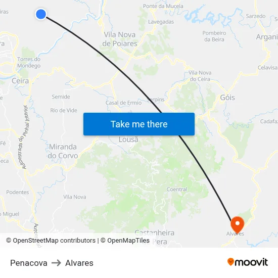 Penacova to Alvares map