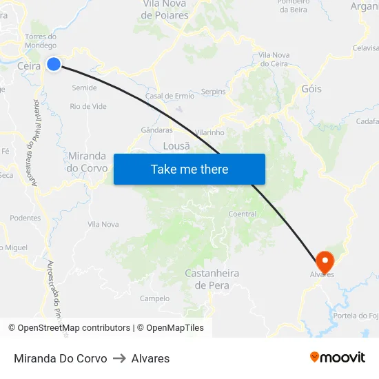 Miranda Do Corvo to Alvares map