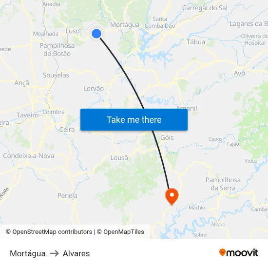 Mortágua to Alvares map