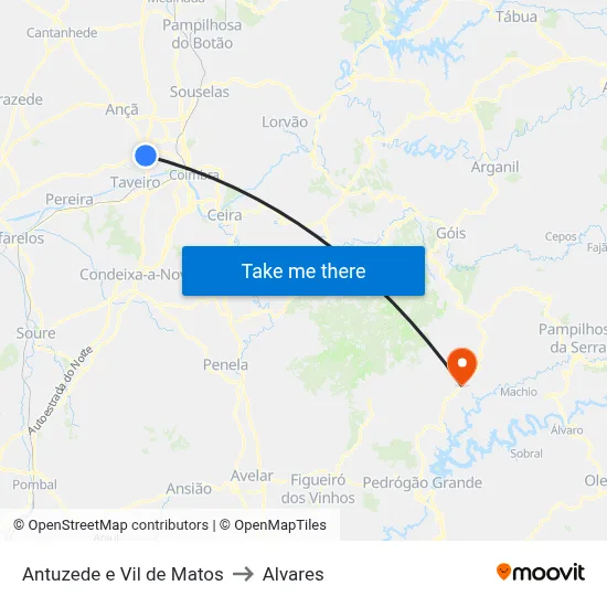 Antuzede e Vil de Matos to Alvares map