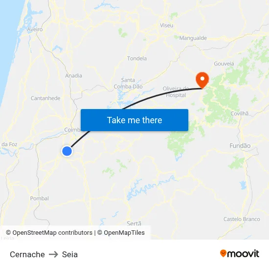 Cernache to Seia map