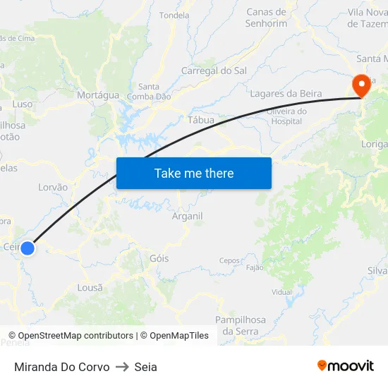 Miranda Do Corvo to Seia map