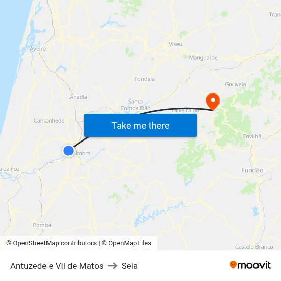 Antuzede e Vil de Matos to Seia map