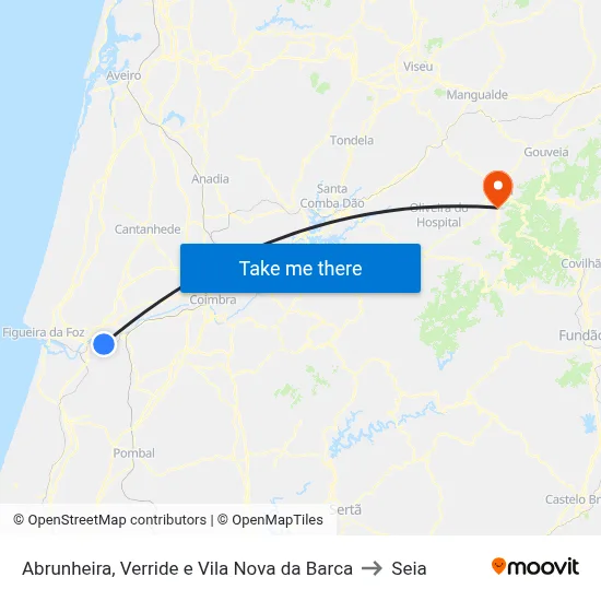 Abrunheira, Verride e Vila Nova da Barca to Seia map