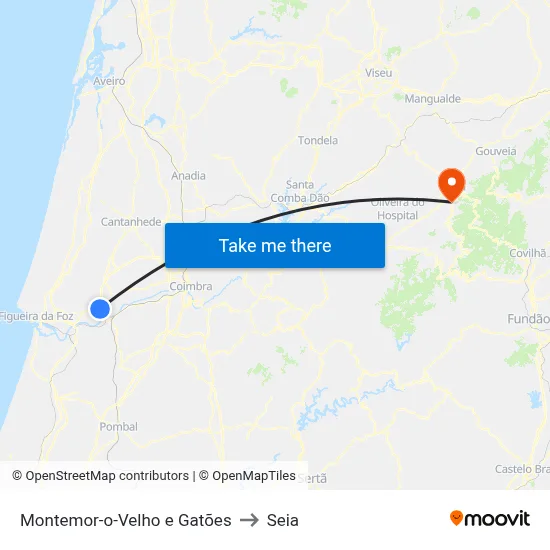 Montemor-o-Velho e Gatões to Seia map
