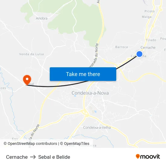 Cernache to Sebal e Belide map