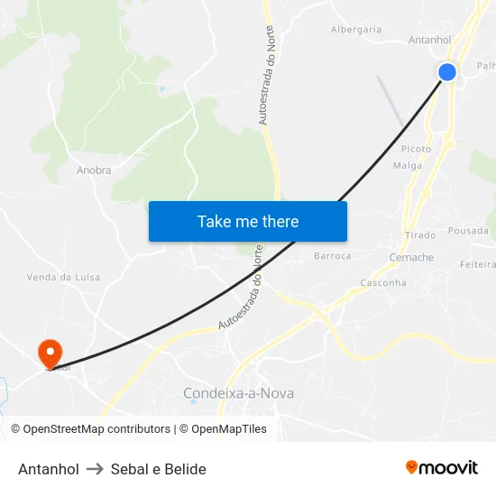 Antanhol to Sebal e Belide map