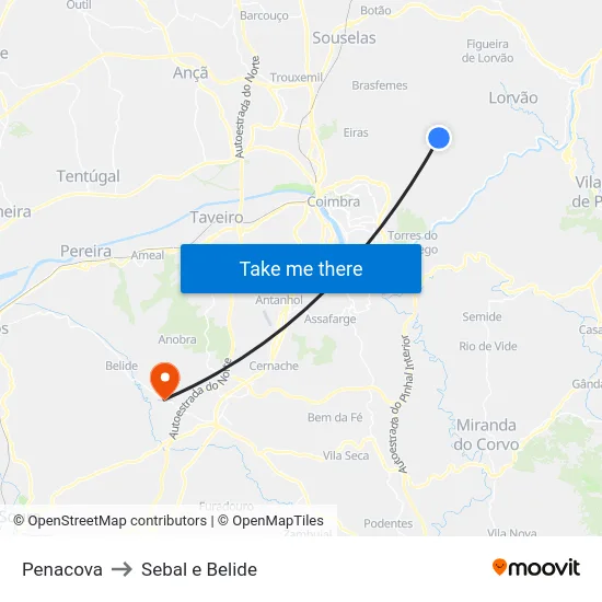 Penacova to Sebal e Belide map