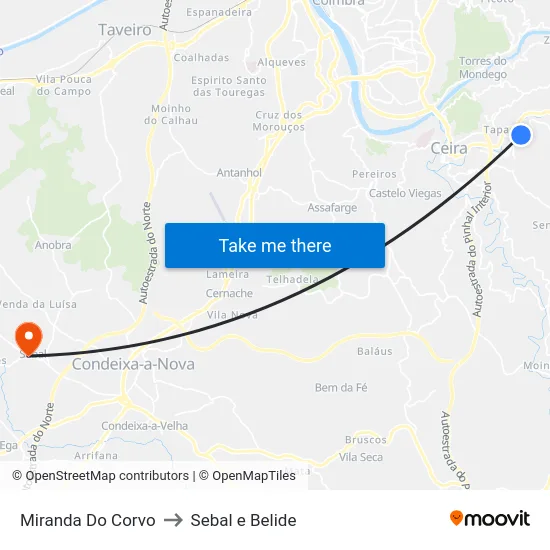 Miranda Do Corvo to Sebal e Belide map
