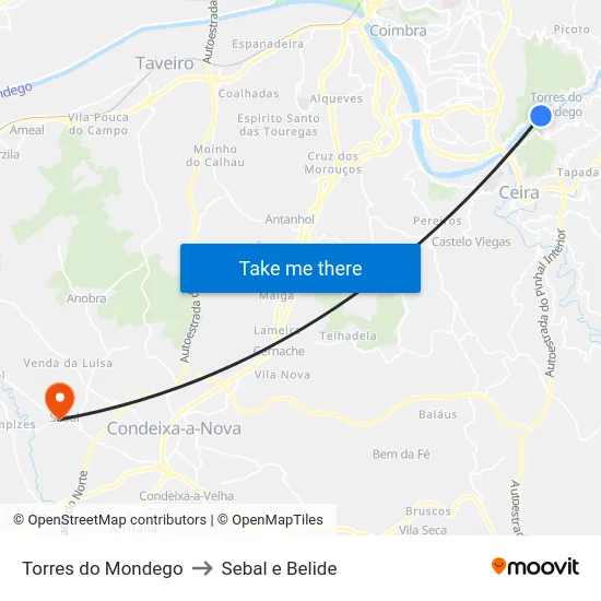 Torres do Mondego to Sebal e Belide map