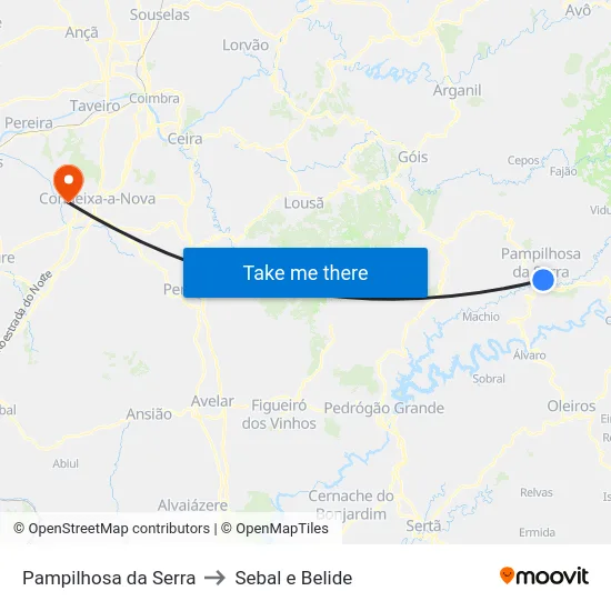 Pampilhosa da Serra to Sebal e Belide map
